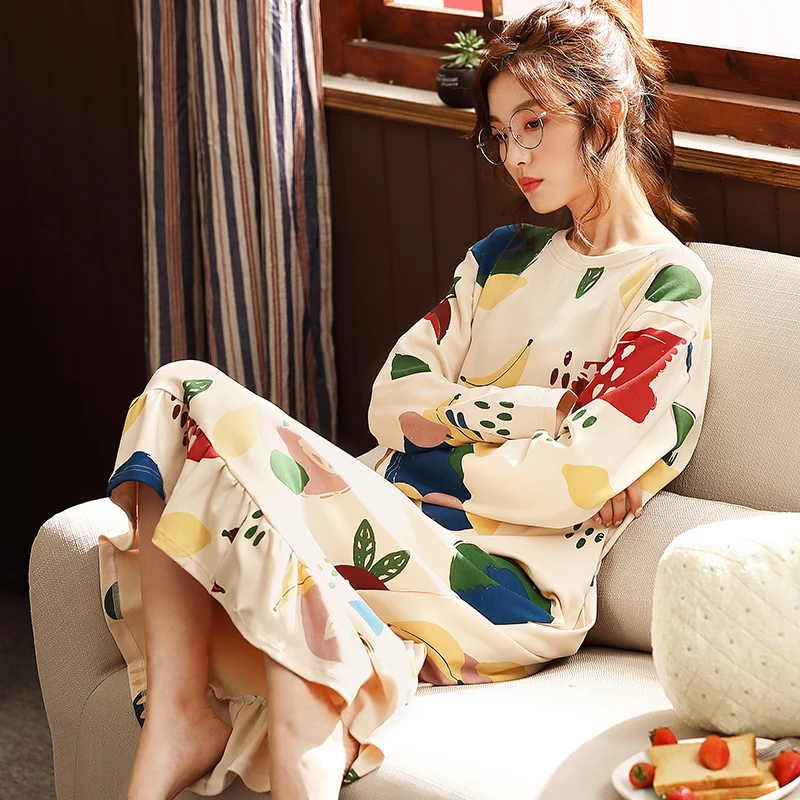 

Ночная рубашка с мультяшным принтом, Женская хлопковая одежда для сна, пижама с длинными рукавами, свободная ночная рубашка с оборками, Прям...