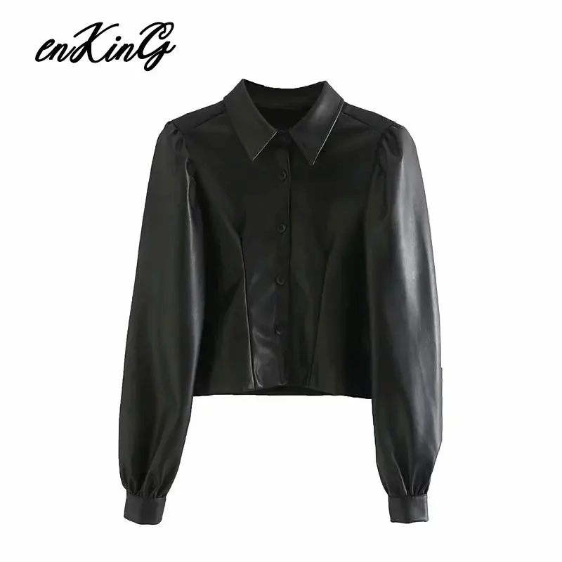 Английская уличная кожаная рубашка с пышными рукавами blusas mujer de moda PU короткая рубашка женские Топы И Футболки