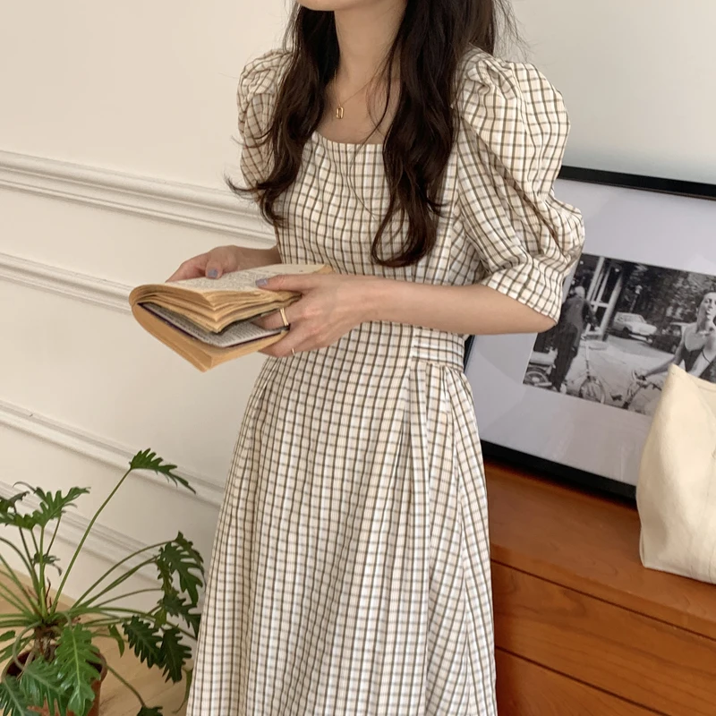 

Korejpaa Women Dress 2021 Summer Korean Chic Retro Temperament Thinner Square Neck Slim-Fit Lace-Up Plaid Puff Sleeve Vestidos