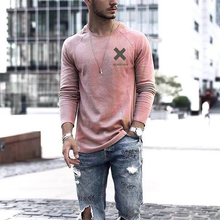 

2021 spring hot collarless long sleeve Pullover casual printed men's T-shirt