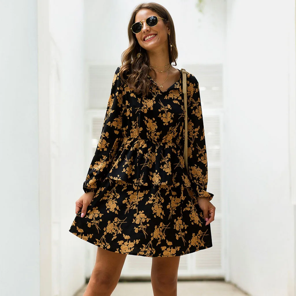 Летнее платье с длинным рукавом принтом высокой талией праздничное Повседневное