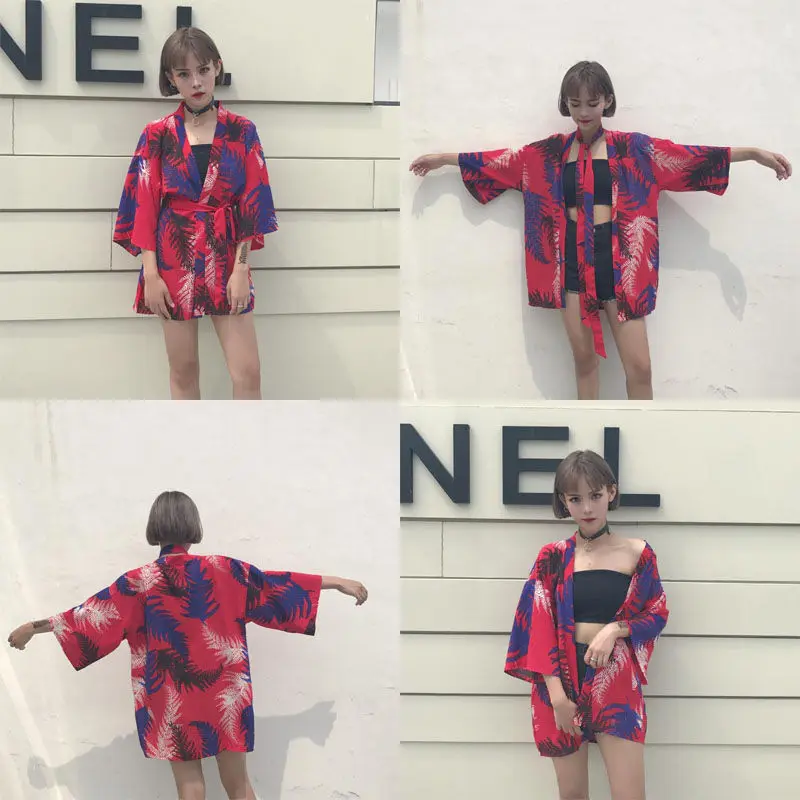 

Woman Kimono Cardigan jacket Girl Print Clothes Traditional Shirts Yukata Female Samurai Costume Summer Haori Beach Streetwear