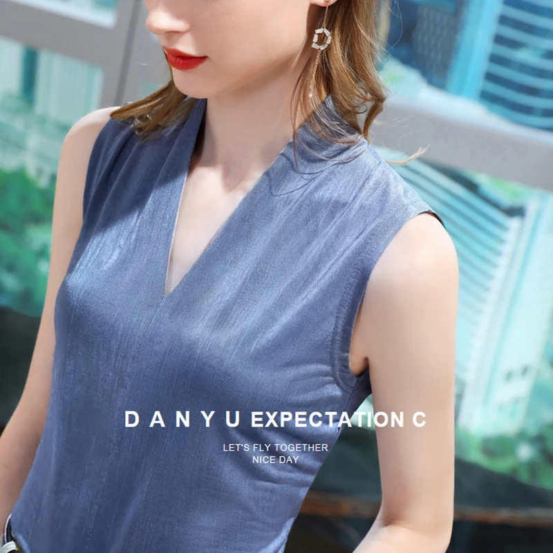 

Sexy V-neck Retro Solid Color Sleeveless Thin Slim Blue Blouse Summer New Women's Clothing 2021