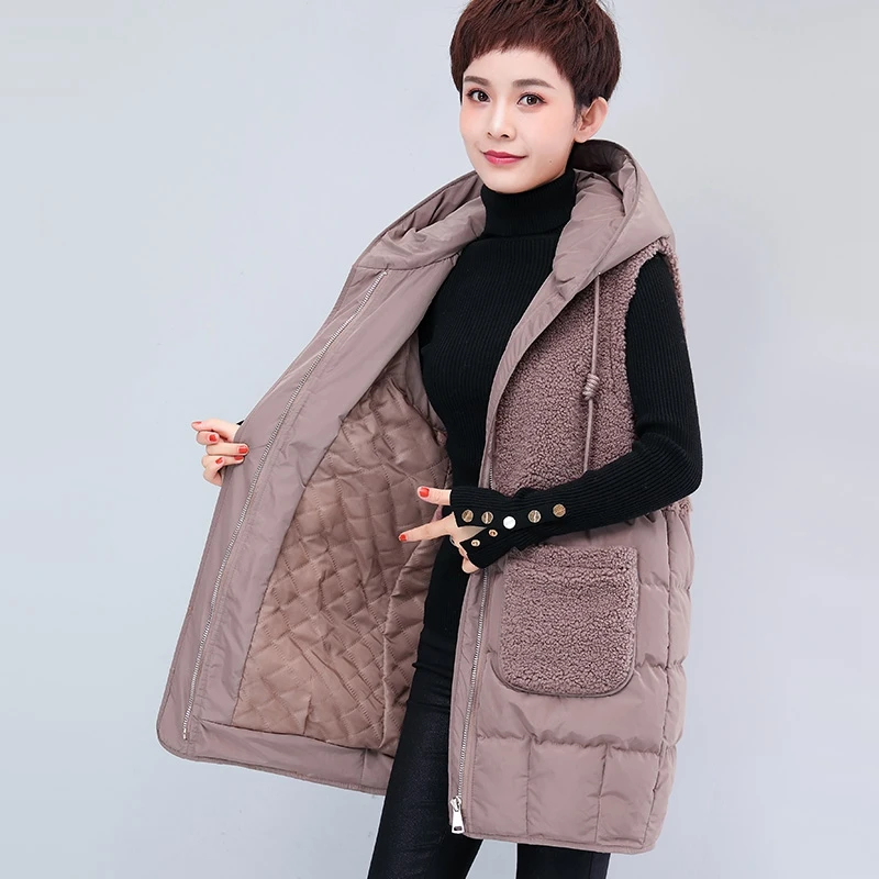 Женский хлопковый жилет средней длины зимний размера плюс шерстяная стеганая