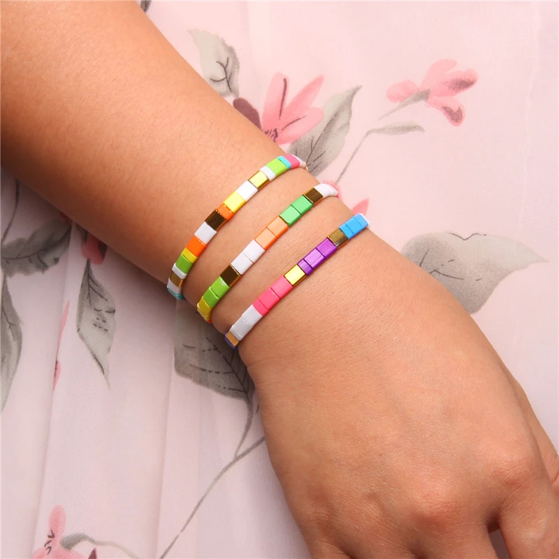 

Polished Chakra Slice Square Stone Beads Bracelets Men Fashion Vintage Elastic Jewelry Women Rainbow Stretch Wrapped Bangle Gift