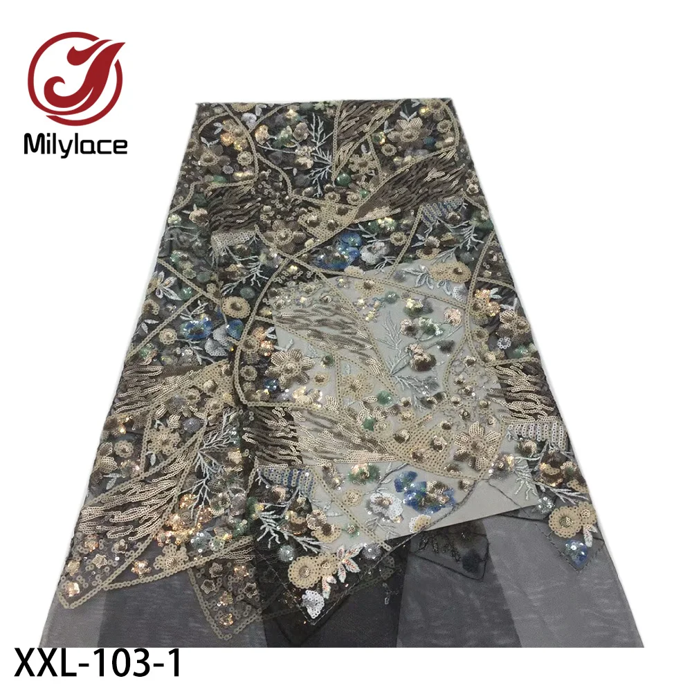 

Latest African Lace Fabric High Quality French Net Embroidery Sequins Tulle Lace Fabric for Nigerian Party Dress XXL-103