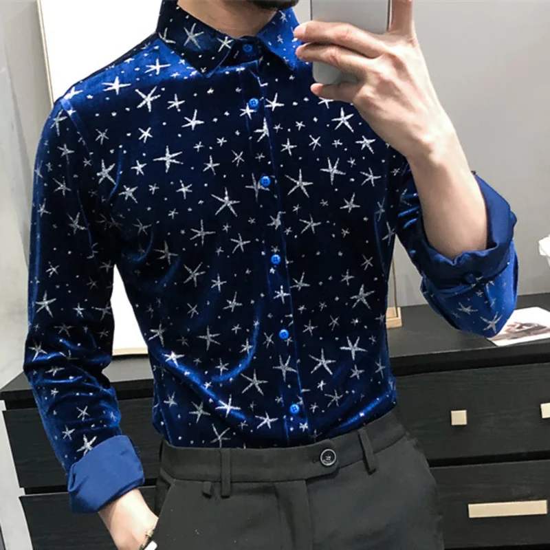 

Tuxedo Camiseta Masculina Korean Men Clothes Velvet Shirt Men Streetwear Fashion Star Mens Casual Shirt Slim Fit Men Shirt Dress