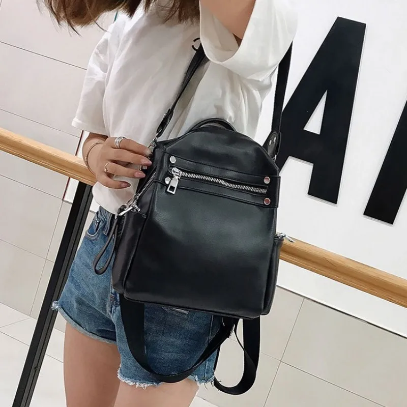 

Vintage Simple Soft Leather Backpack Female Small Fashion Back Pack School Bagpack Solid Zip White Brand Designer PU Leather Bag