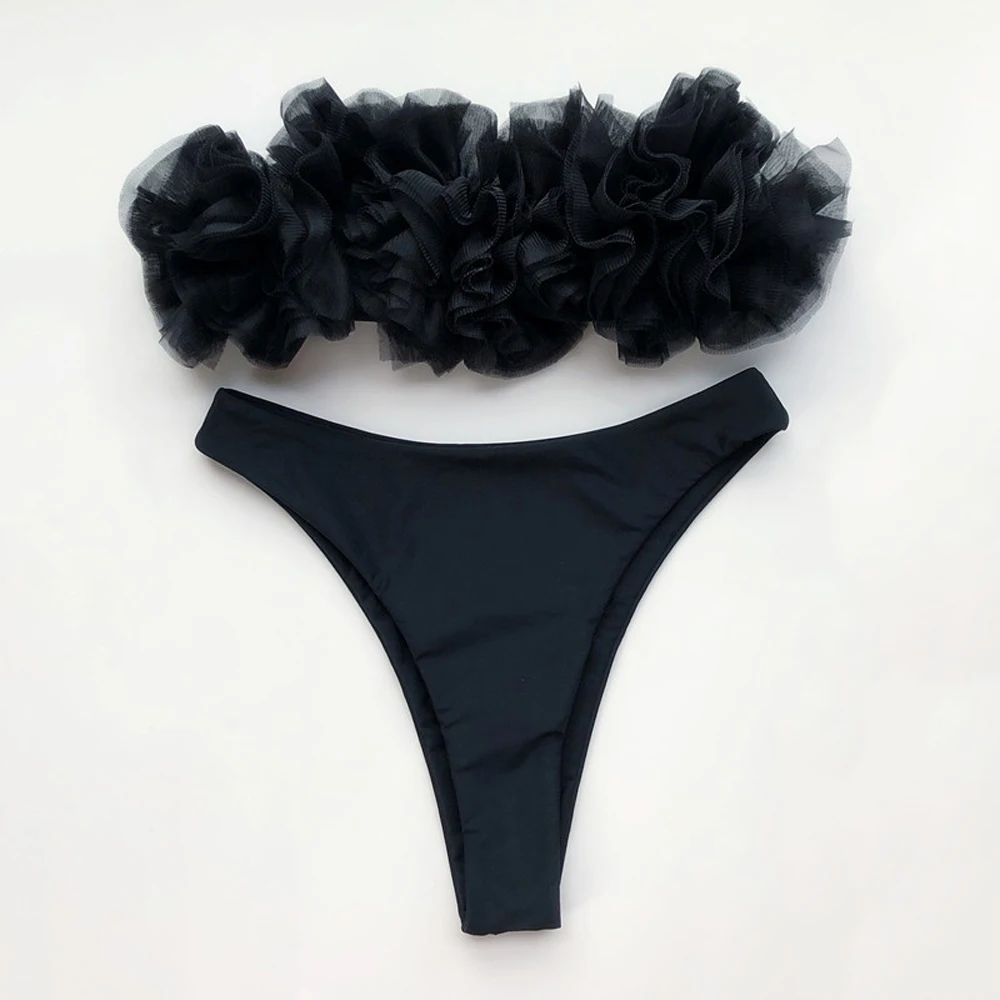 Женский сетчатый купальник сексуальное черное бикини-бандо с бретельками