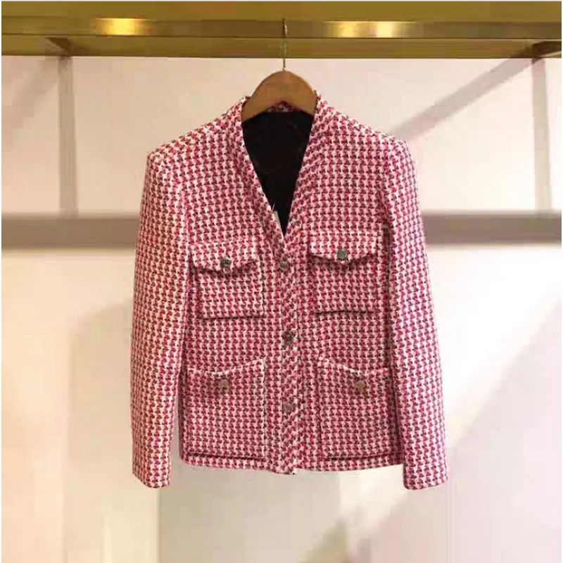 

Autumn woman vintage red coat houndstooth slim woolen office ladies French brand commuter pocket jacket women
