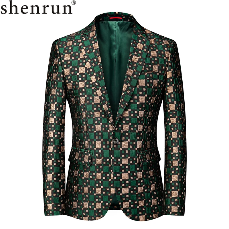 Shenrun Fashion Men Blazer Party Prom Banquet Stage Costume Check Casual Suit Jacket Slim Fit Ball Nightclub Singer Host Dancer