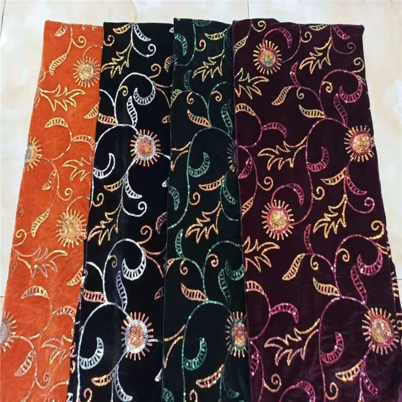 Красная новейшая нигерийская бархатная кружевная ткань с цветными блестками