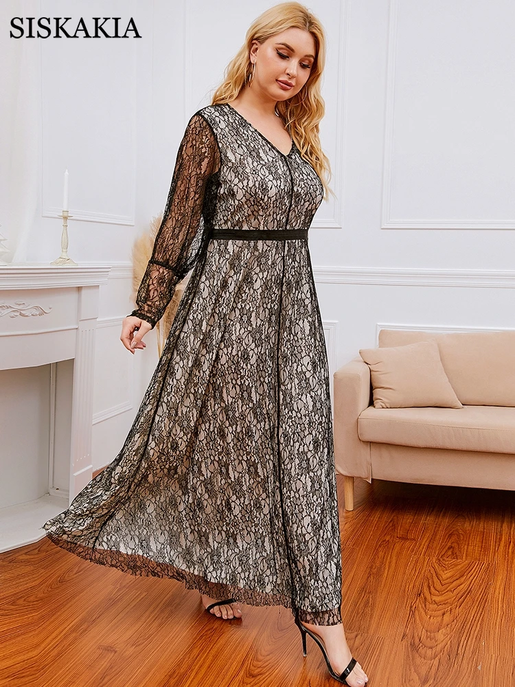 

Siskakia Long Sleeve Midi Dress for Women Black Lace V Neck Plus Size Party Arabic Middle East Clothes 3XL 4XL 2021 New