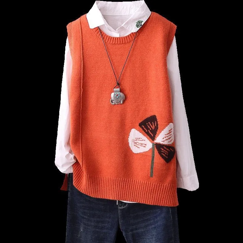 

Literature And Art Fan Knitted Sweater Vest Female Sleeveless Embroidery Lazy Maple Bottoming Sweater Vest Women Pullover Spring