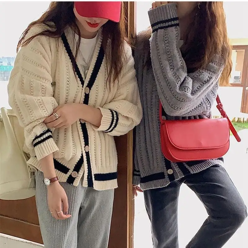 

Женский винтажный свитер в японском стиле, Свободный кардиган с V-образным вырезом, Осень-зима 2021