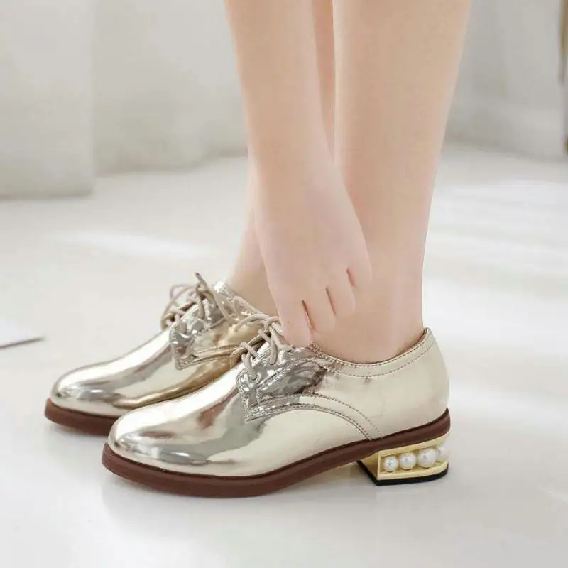 Gold Silver Women Shoes Vintage British Wind Round Head Lace-up Pearl Thick Heel Patent Leather Women's Single Shoes