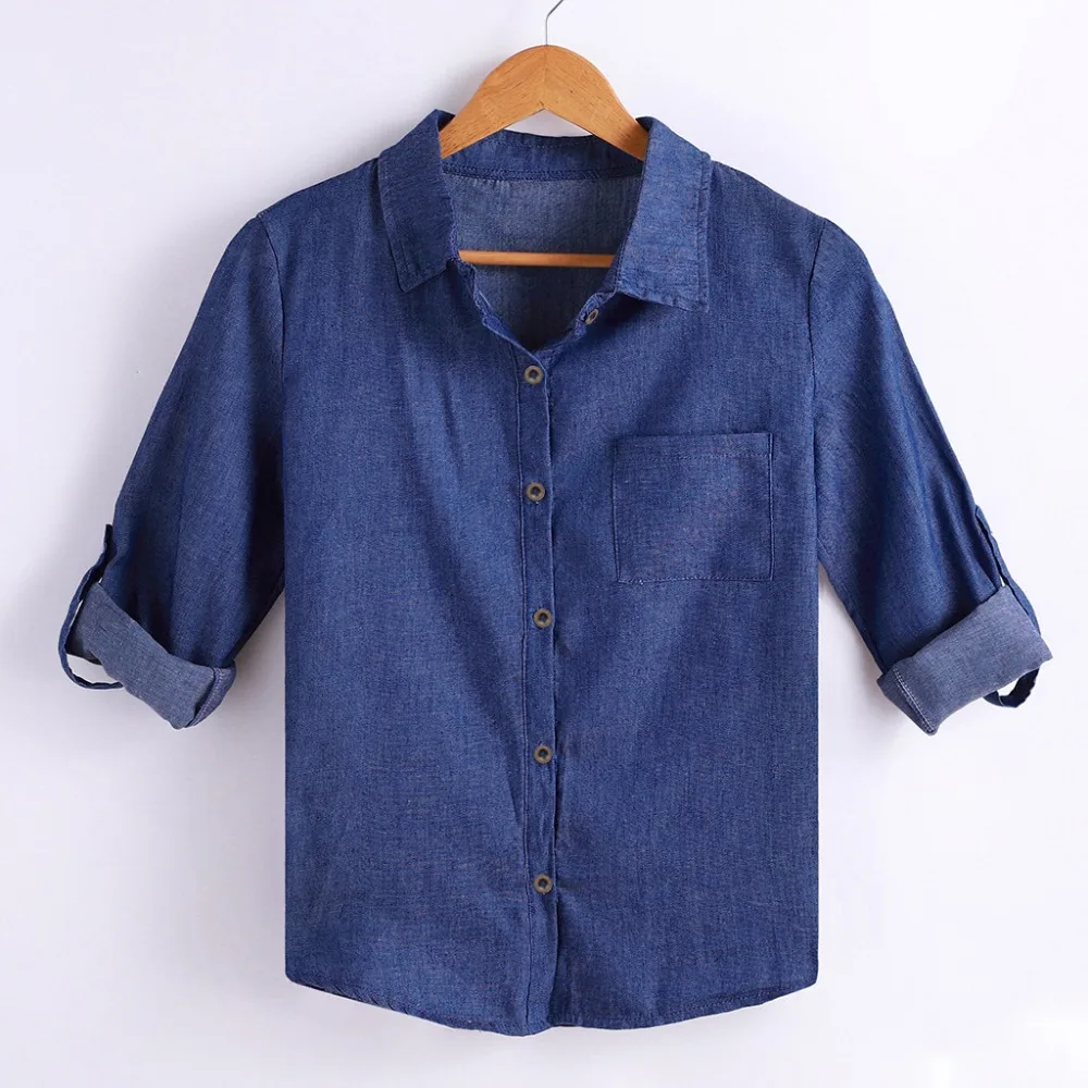 2019 повседневная женская синяя блузка с длинным рукавом и отложным воротником