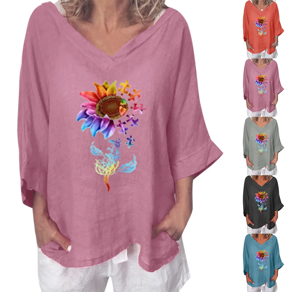 

Women's Flower Print T-Shirt Baggy Casual V-Neck Tee Fashion Summer Blouse Top