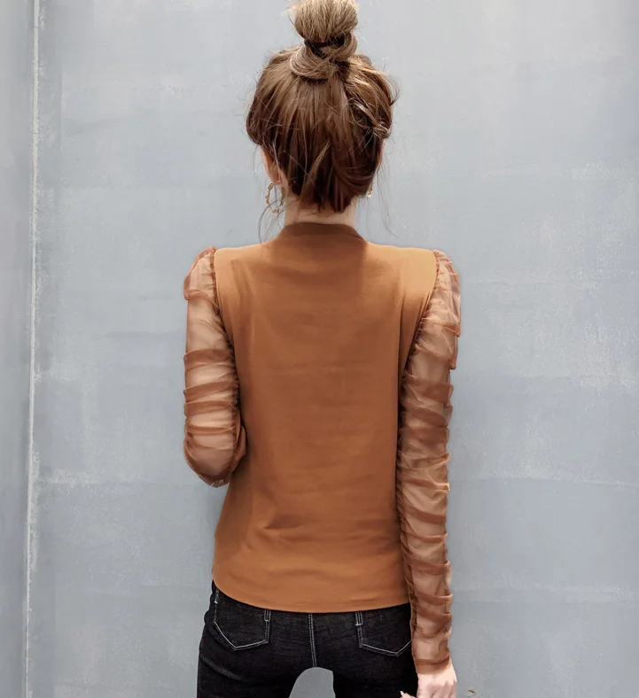 

2021 Spring Mesh stitching Cotton Tshirt Long-sleeved Round neck Women shirt Slim Casual Korean bottoming Tops