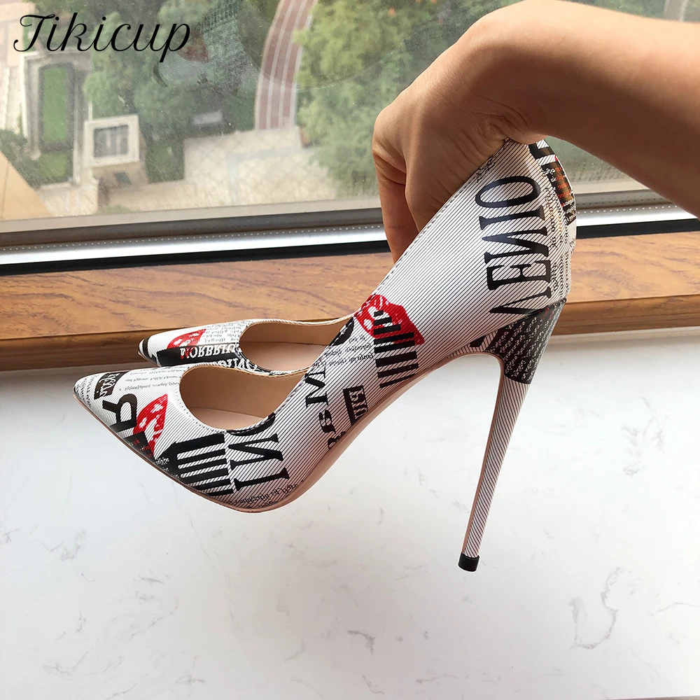 Tikicup Graphic Print Women White Pointy Toe High Heel Dress Shoes Sexy Ladies Slip On Designer Stiletto Pumps Big Size 43 44 45