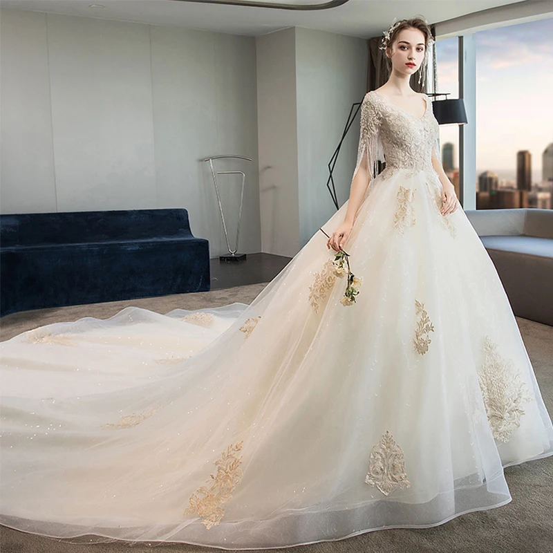 JKM049 Vestido De Noiva элегантное кружевное свадебное платье бальное длиной до пола с
