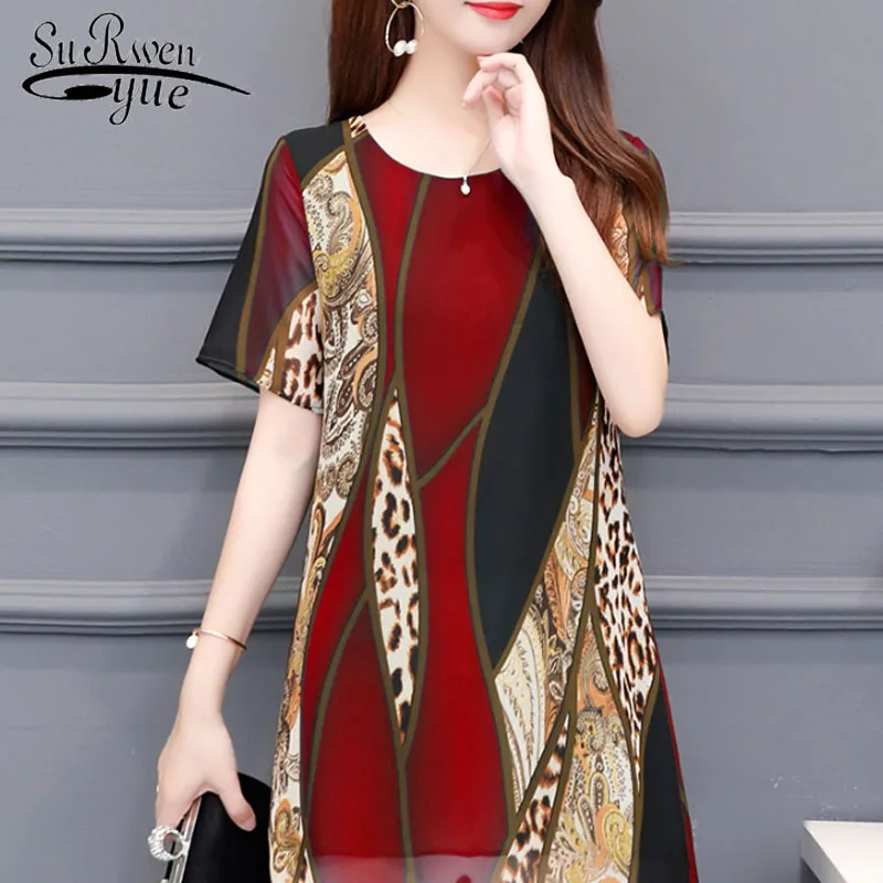 

Женская шифоновая блузка с коротким рукавом, круглым вырезом и принтом