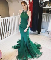dark green beaded mermaid formal evening dresses 2020 sleeveless satin long prom party gowns tulle long sweep train
