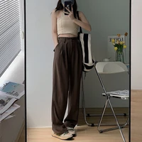 qweek vintage elegant casual brown wide leg pants women korean fall fashion high waist black loose straight trousers female