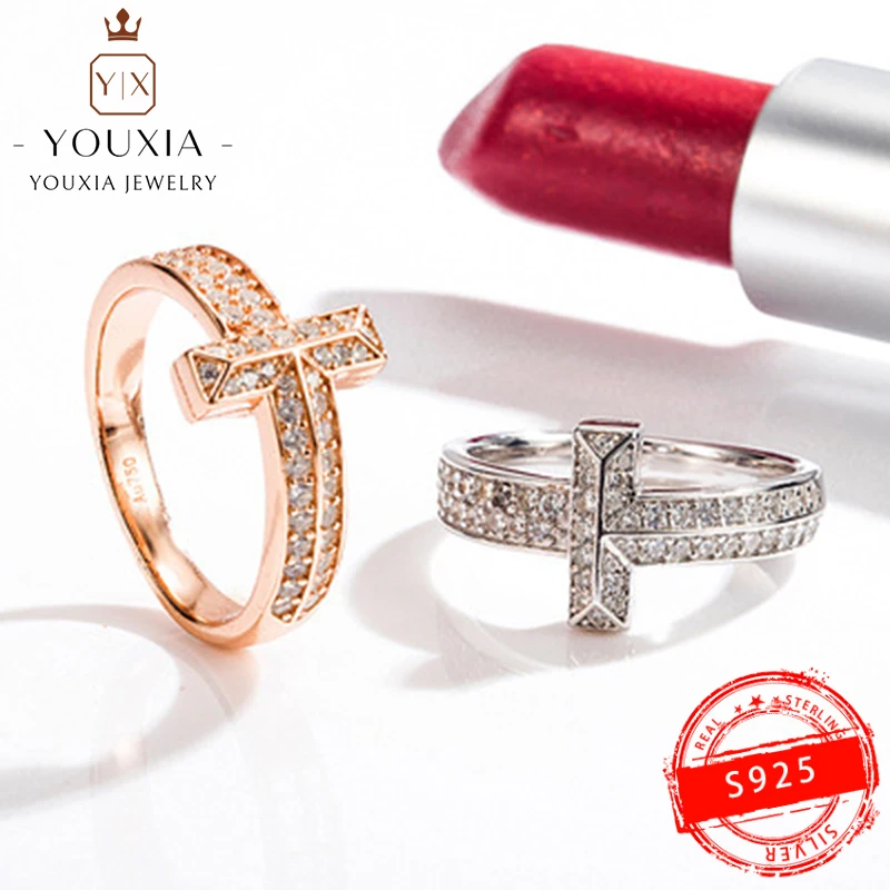 

1:1 925 Sterling Silver Custom Fashion T-shaped Double Row Diamond Exquisite Ring