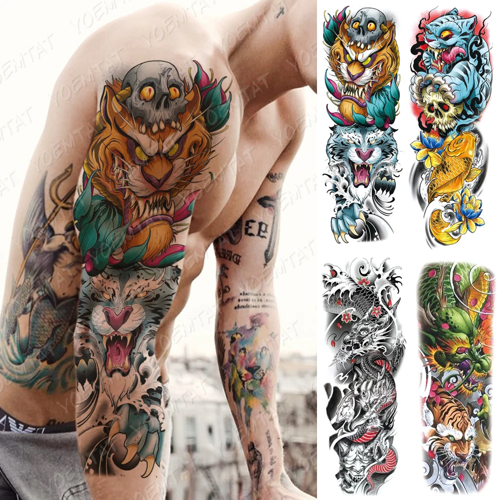 

Large Arm Sleeve Tattoo Tiger Skull Dragon Waterproof Temporary Tatto Sticker Prajna Lion Body Art Full Fake Tatoo Women Men