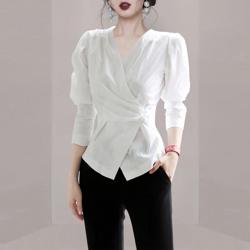 

ECRURANI Casual White Shirt For Women V Neck Puff Long Sleeve Ruched Elegant Plus Size Shirts Female New Clothing 2021 Tide