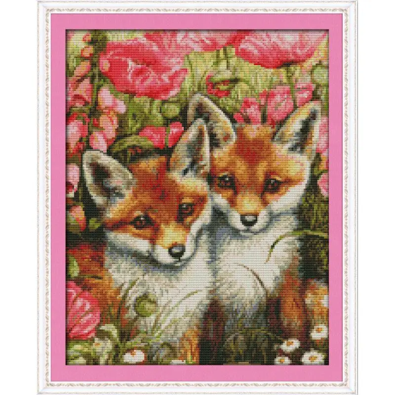 

Two Little Foxes in the Flowers DMC Counting Cross Stitch Kit DIY Animal Pattern 11CT14CT Cross Stitch Set Embroidery Needlework