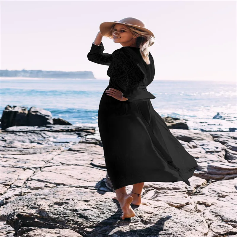 

2021 New Sexy Beach Cover Up Swimsuit White V Neck Hollow Out Beach Long Dress Women Bikini Swimwear Bathing Suit Summer