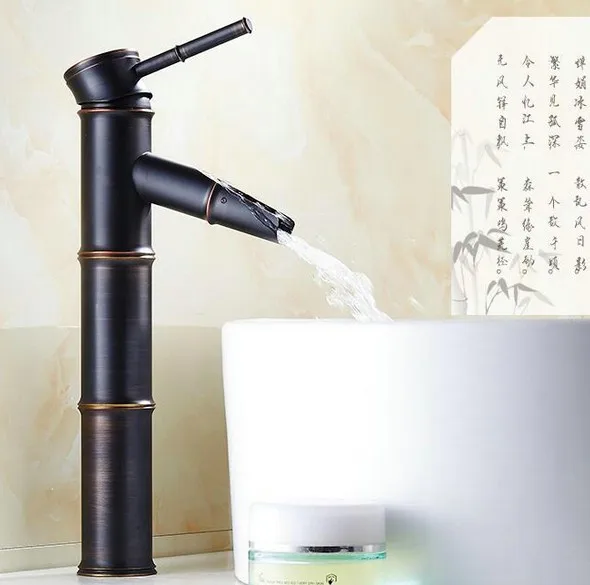 

Black Oil Rubbed Bronze Waterfall Bathroom Sink Faucet Vessel Tall Bamboo Water Tap Retro Single Hole Basin Faucets Lnf053