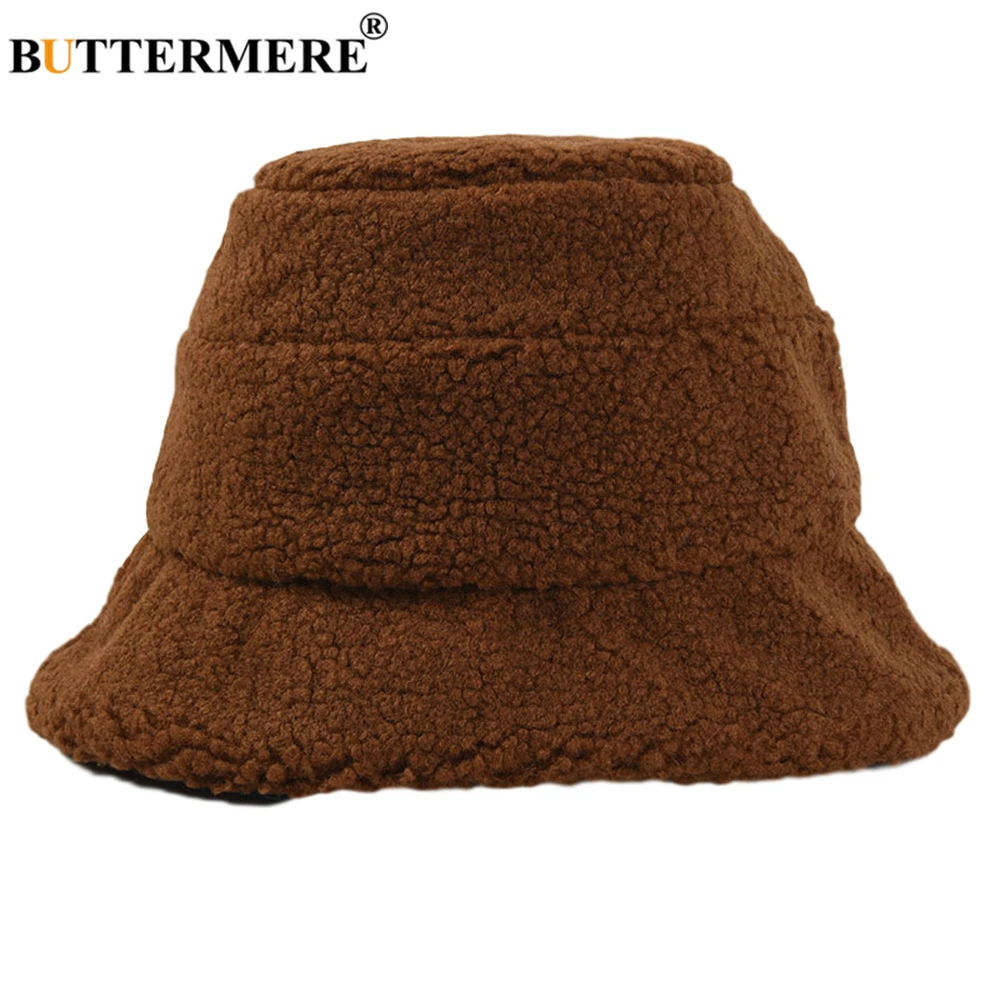 BUTTERMERE Lamb Wool Bucket Hat Womens Japanese Harajuku Women Hat Autumn Winter Warm Vintage Wide Beige Brim Fisherman Cap