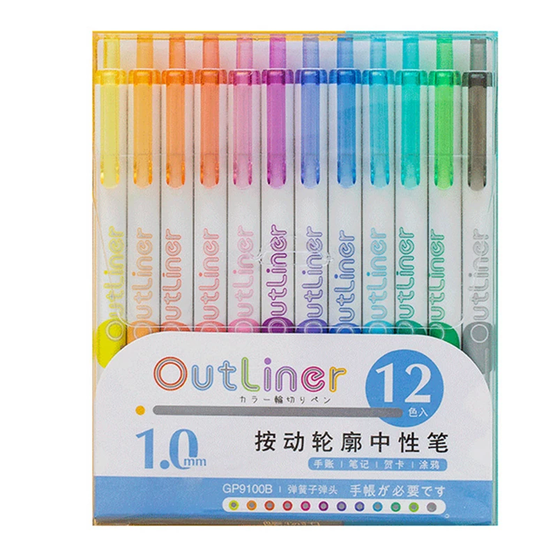 

12PCS Colored Art Pens with Pen Clip Contour Markers Gift Card Writing Drawing Pens Coloring Painting Paper Posters EM88
