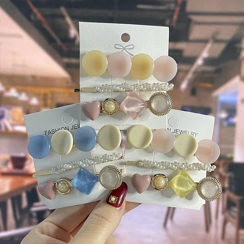 

Fashion Geometric Barrettes Headwear Girls Hairpins Colorful Pearl Hair Clip Korea Hairgrip Women Side Clip Hair Accessories