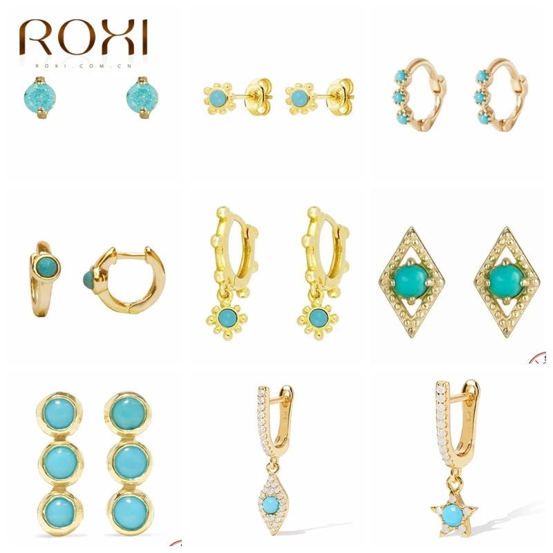 ROXI Bohemia Turquoise Stone Stud Earrings for Women Girls Flower Star Piercing 925 Sterling Silver Jewelry Pendientes | Украшения и