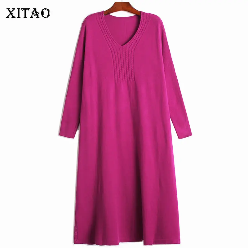 

XITAO Solid Color Knitting Dress 2021 Autumn New Arrival V-neck Loose Casual Temperament Simplicity Mid-length Women WMD4083