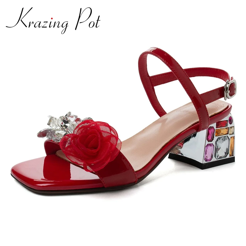 

Krazing pot big size genuine leather square toe high heels flower crystal sweet girls streetwear buckle straps women sandals L20
