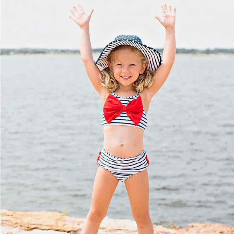 Летний купальный костюм для маленьких девочек топы в полоску с бантом