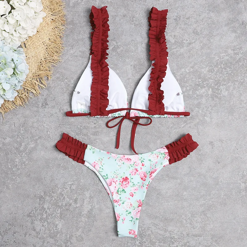

MYTENG Sexy Ruffle 2 Piece Set Bikini 2021 Mujer New Push Up Swimwear Women's Summer Bandage Swimsuit Beachwear Backless Biqiuni