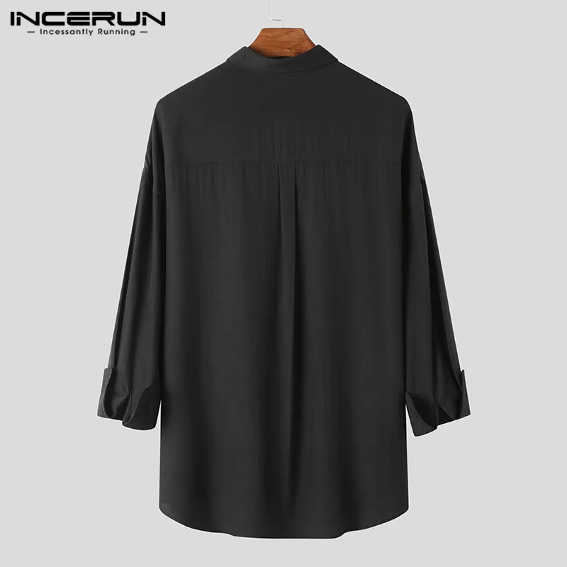 

INCERUN Men Dress Shirt Solid Color Lapel Streetwear 2021 Autumn Long Sleeve Business Casual Shirts Men Loose Fashion Long Tops