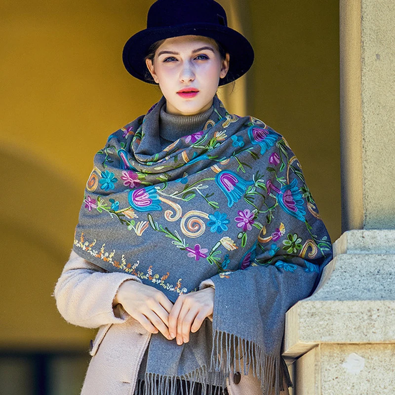 Длинные шали модные серые палантины толстые теплые женские осенние шарфы с