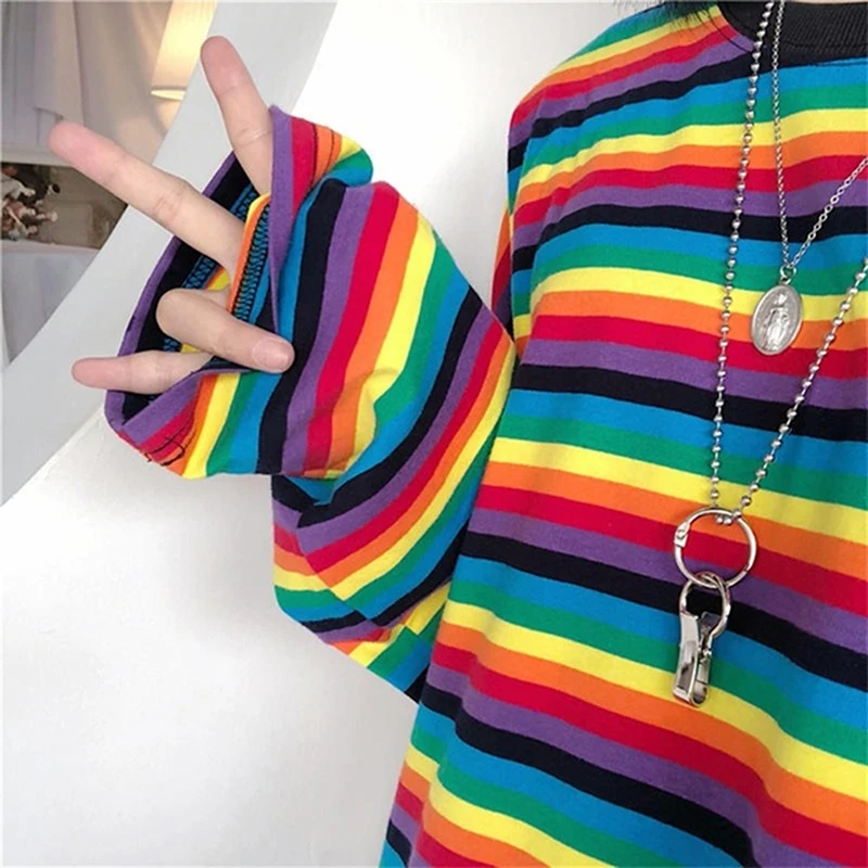 Rainbow Stripe T Shirt Hoodies Harajuku Female T-Shirt Long Sleeve T-shirts Pullovers Tops For Women Female Sweatshirt