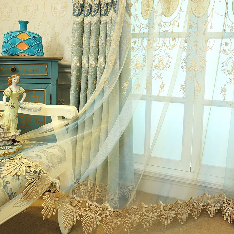 Плотные шенильные шторы с вышивкой для гостиной спальни плавающие мягкие синие |