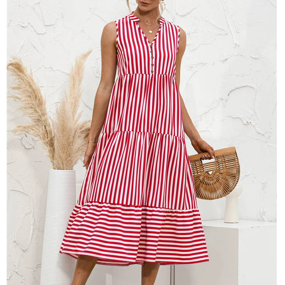 

V Neck Striped Splice Maxi Sleeveless Dresses Women Summer Button Loose Contrast Color Female Big Hem Long Sundress Vest Dresses