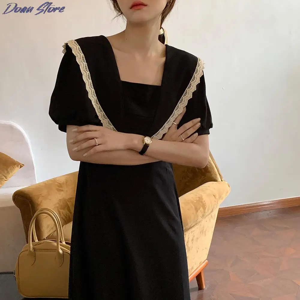 

Black Vintage Patchwork Lace Prom Women Dresses 2021 French Elegant Square Collar Puff Sleeve Lace Mid-Calf Dress