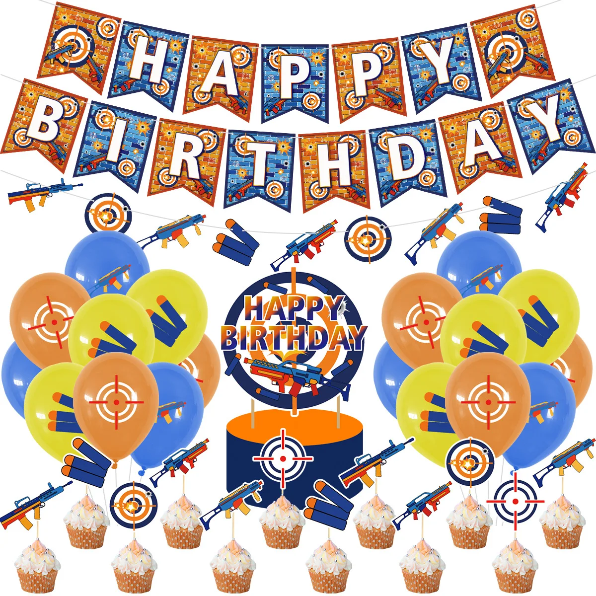 

Darts Theme Happy Birthday Party Decoration Balloon Set with Banner Cake Topper Hanging Swirls for Kids Birthday Supplies