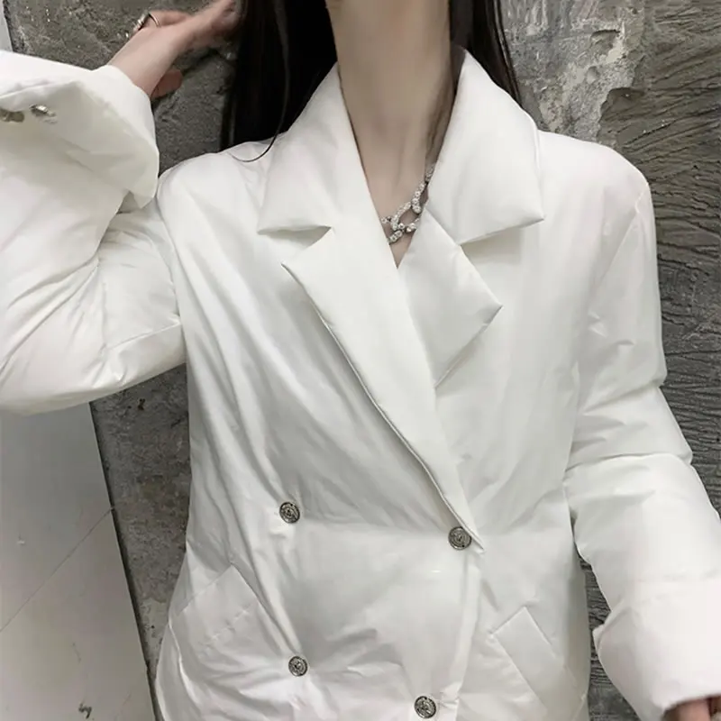 

XITAO Button Casual White Parkas Women Winter Trendy Fashion New Style Notched Collar Long Sleeve Pocket Elegant Coat ZXR1271